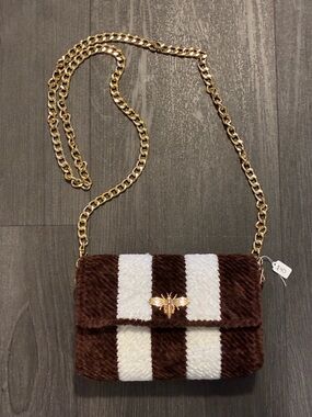 NWT .Hand Made Chestnut & Ivory Striped Crossbody Bag with Gold Bee Accent.